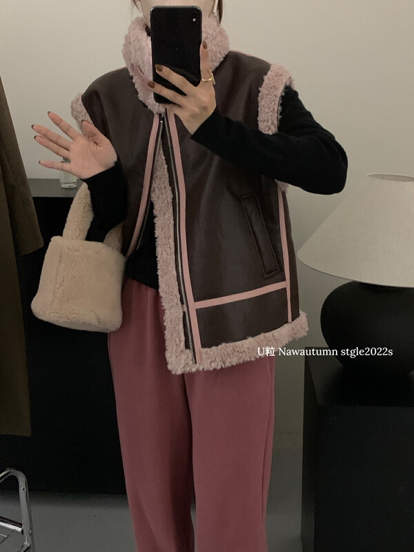 【U grain】Korean version stand collar motorcycle lamb wool vest short coat 1073# FHX