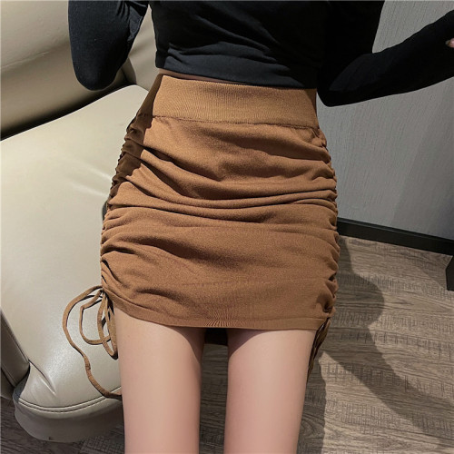 Real shot does not reduce the sense of luxury. Adjustable drawstring pleated hip skirt high waist shows long legs and thin solid color skirt