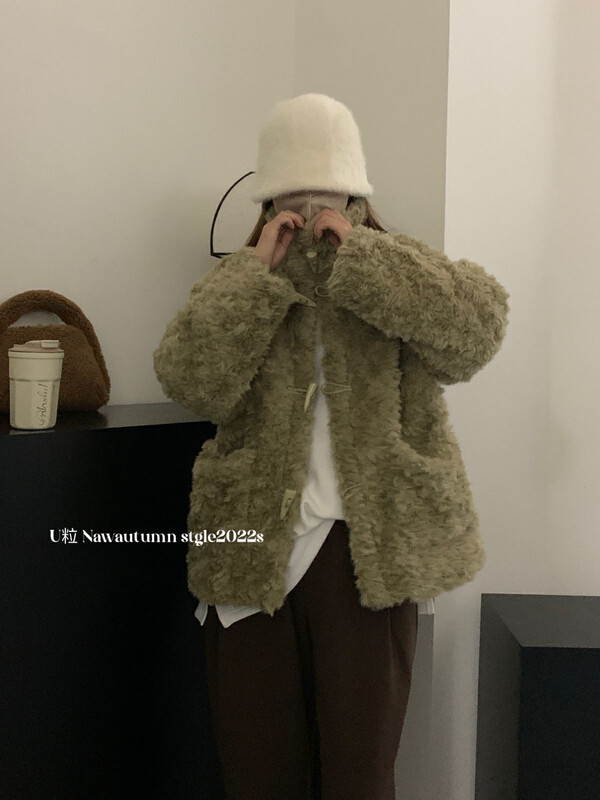 [U grain] Korean horn buckle fur short coat 1190