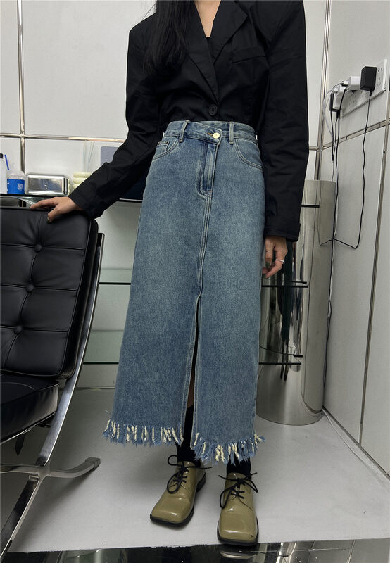 New in autumn!【T-PLATFORM】Korean tassel design slit denim skirt V8899# CQW