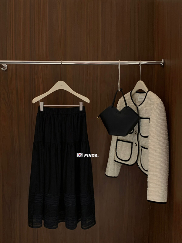 [FINOA] Korean version of the minimalist solid color pleated hollow design elastic waist skirt 10793