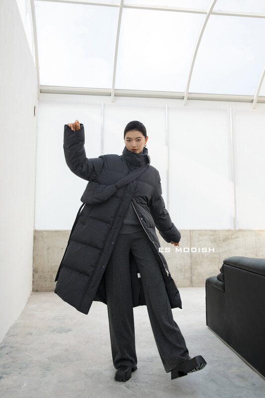 【ES MODISH】Korean version of comfortable mid-length simple warm down jacket (with messenger bag + belt) (including 90% white duck down) JK2065# CQW
