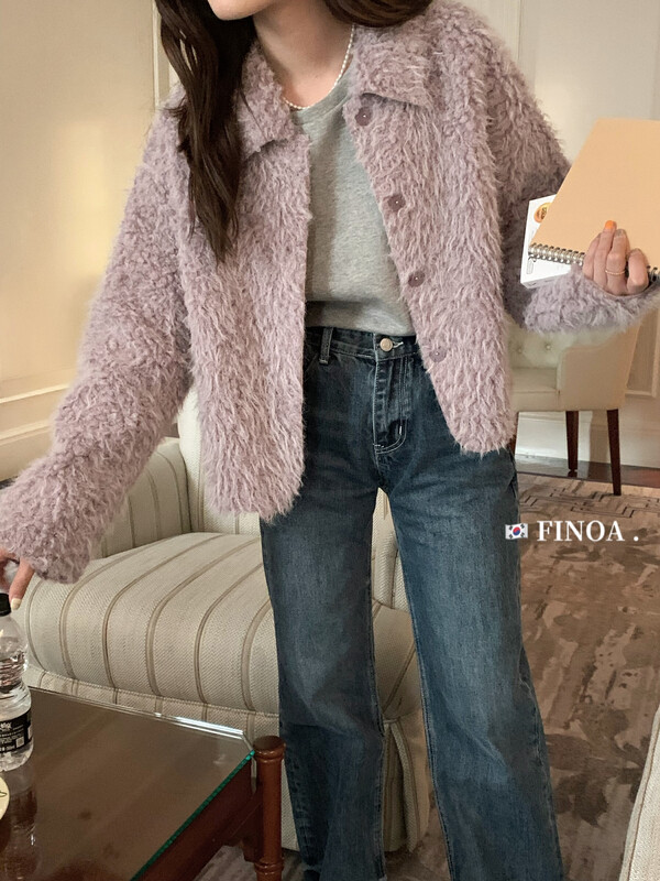 [FINOA] Korean high-end solid color lapel plush short jacket 10825