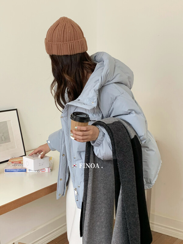 [FINOA] Korean version of the simple hooded solid color design warm down jacket olive1398