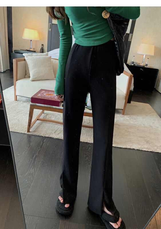 [Y.JIA Ijia] temperament split black casual pants are thin and fashionable flared pants casual pants YS1-2308