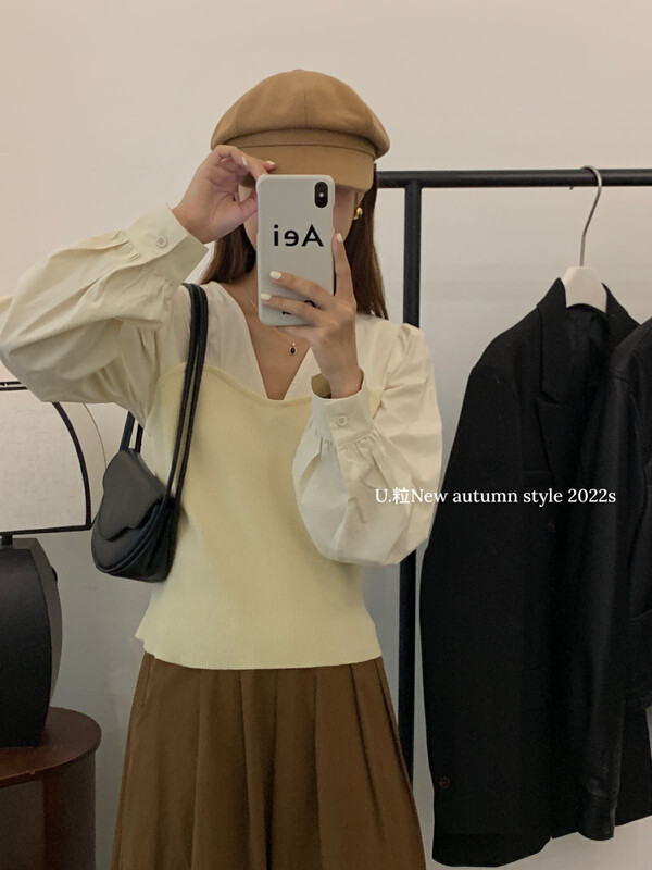 [U grain] French retro color matching delicate shirt 33055