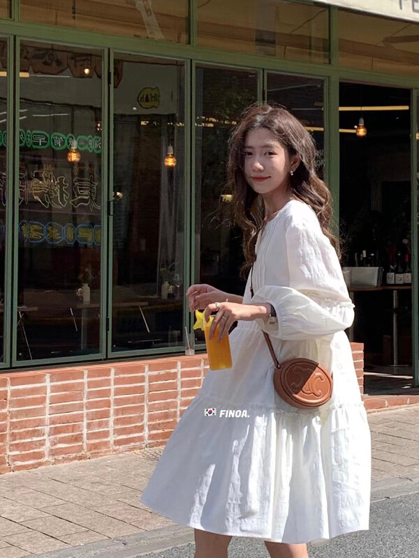 【FINOA】Simple fairy loose solid color slim puff sleeve dress 10810