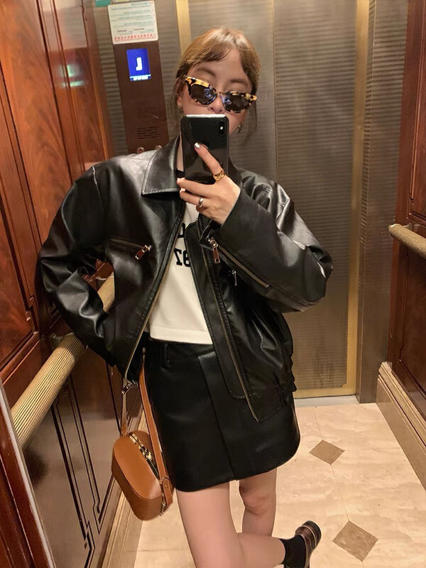 [Y.JIA Yijia] Korean version of the lapel zipper short design leather jacket leather jacket YS1-8620