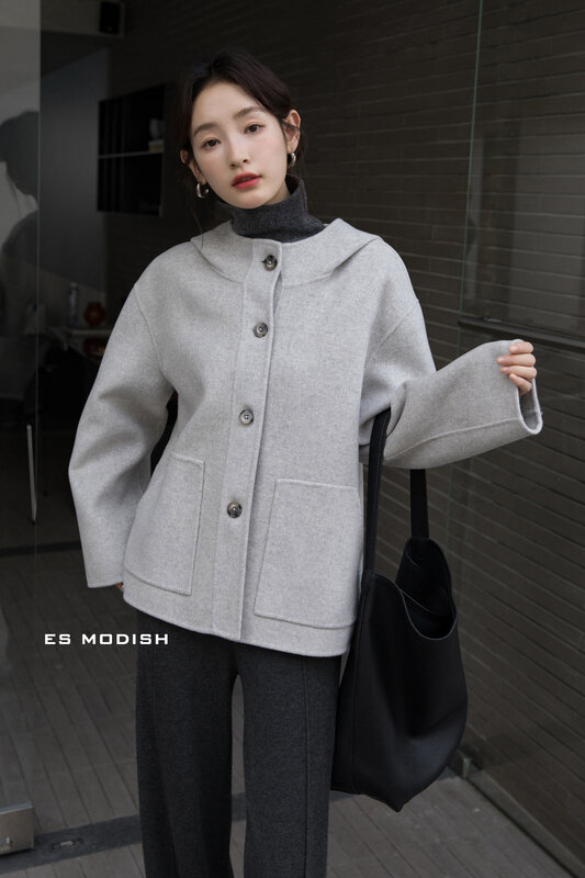 【ES MODISH】Texture Solid Color Versatile Hooded Breasted Wool Jacket (100% Wool) JK2049A# CQW