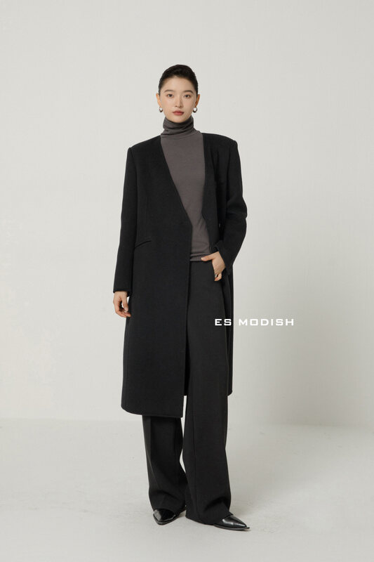 【ES MODISH】Fashion Side V-Neck Loose Wool Jacket (With Belt) (Contains 100% Australian Wool) JK2009A# CQW