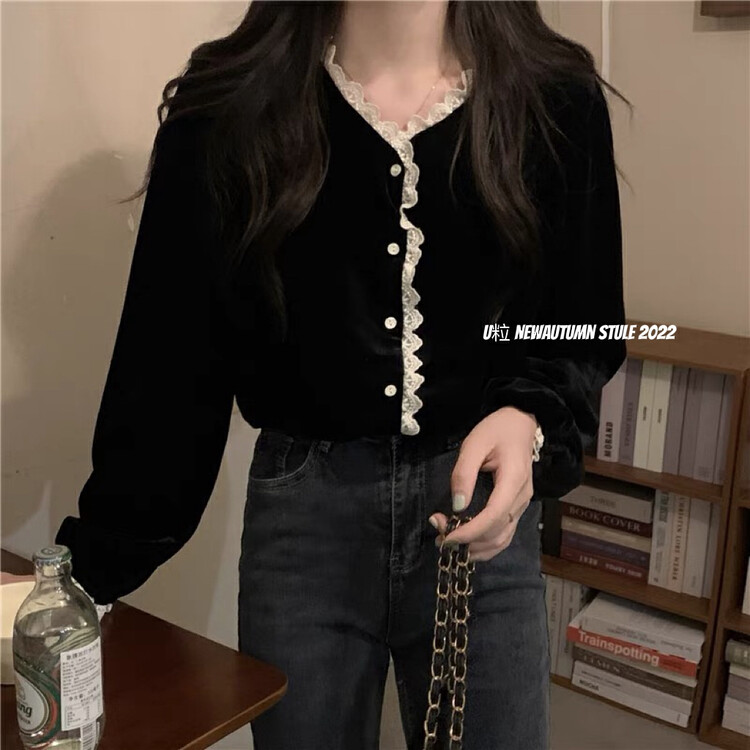[U grain] sweet lady style lace gold velvet top small shirt small shirt 1099