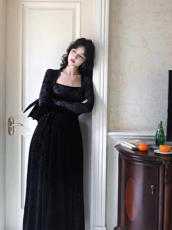 【ARE STUDIO】Temperament square neck velvet long dress 92369# OZQ