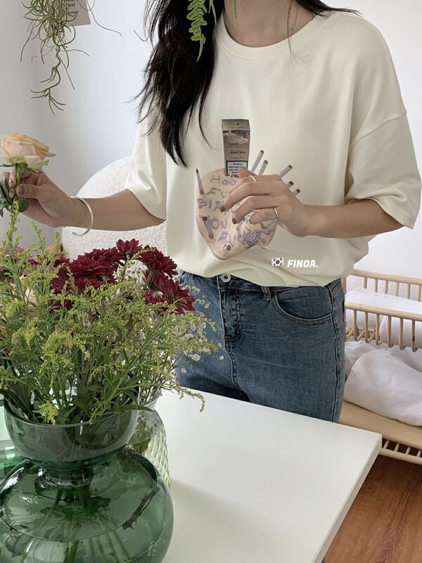 【FINOA】Korean version of fun casual alphabet pattern printing loose round neck short-sleeved T-shirt 1292# JHY