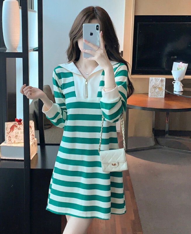 【Y.JIA】Korean version casual navy collar zipper stripe print long-sleeved dress YS1-6085# FHX