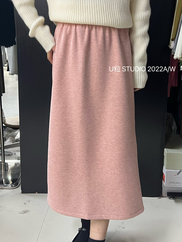 [U grain] Dongdamen simple and thin woolen plus velvet rear slit skirt 9059