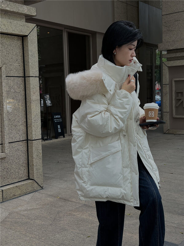 【SOUL】Korean Style Loose Casual Hooded Warm Down Jacket with Large Pockets (90% White Duck Down, with Small Fur Collar) 2856# CLS