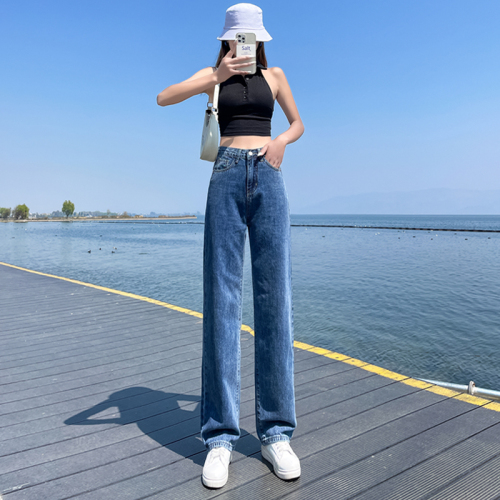 2022 high-waisted wide-leg pants jeans women's winter loose and thin drapey mopping pants straight-leg pants