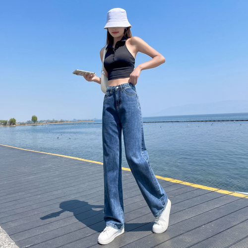 2022 high-waisted wide-leg pants jeans women's winter loose and thin drapey mopping pants straight-leg pants
