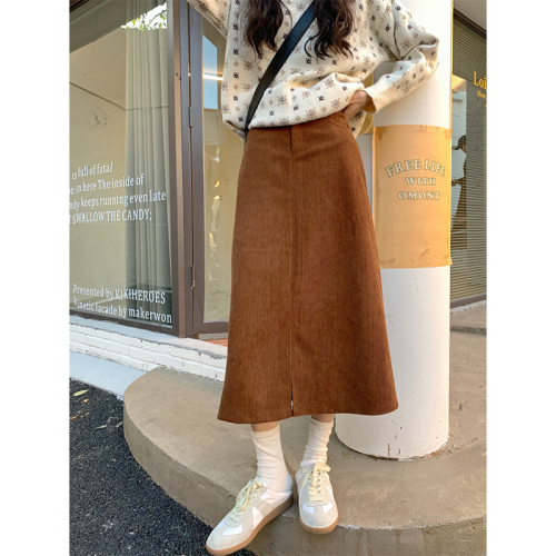 Corduroy Skirt Fall 2022 New High Waist Fashion A-Line Skirt Slit With Sweater Midi Skirt Women's Clothing