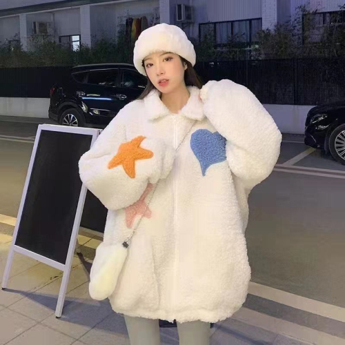 Lamb wool embroidery plus velvet thick coat women's small 2022 autumn and winter all-match loose furry top
