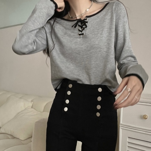 Real shooting real price Slim fit and thin round neck pullover straps long sleeves inside and outside wear knitted T-shirt top bottoming shirt women