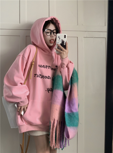 Fleece thickened lazy wind sweater women's autumn and winter letter print loose hooded jacket casual top