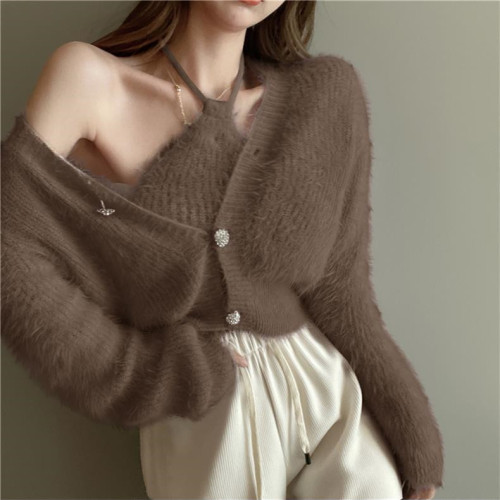 Knitted suit women's autumn and winter cardigan sweater jacket sexy halter neck bottoming sling salt wear two-piece suit