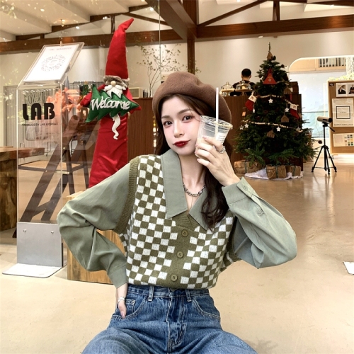 Fake two-piece shirt sleeve checkerboard sweater autumn and winter inner top