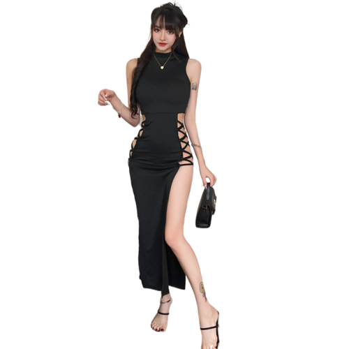 Real shot ~ European and American hot girls hollow out sexy new solid color strappy high waist dress female