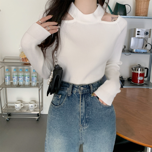 Off-the-shoulder sweater Hong Kong style hot girl solid color sexy hollow long-sleeved pullover leaking shoulder knitted bottoming shirt
