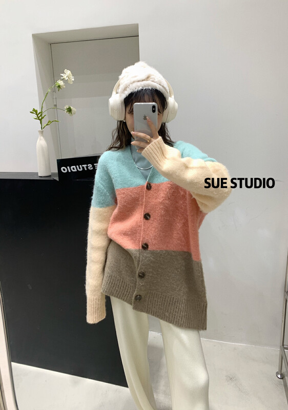 【SUE STUDIO】Colorful Patchwork Breasted Warm Sweater 9928# ZJY