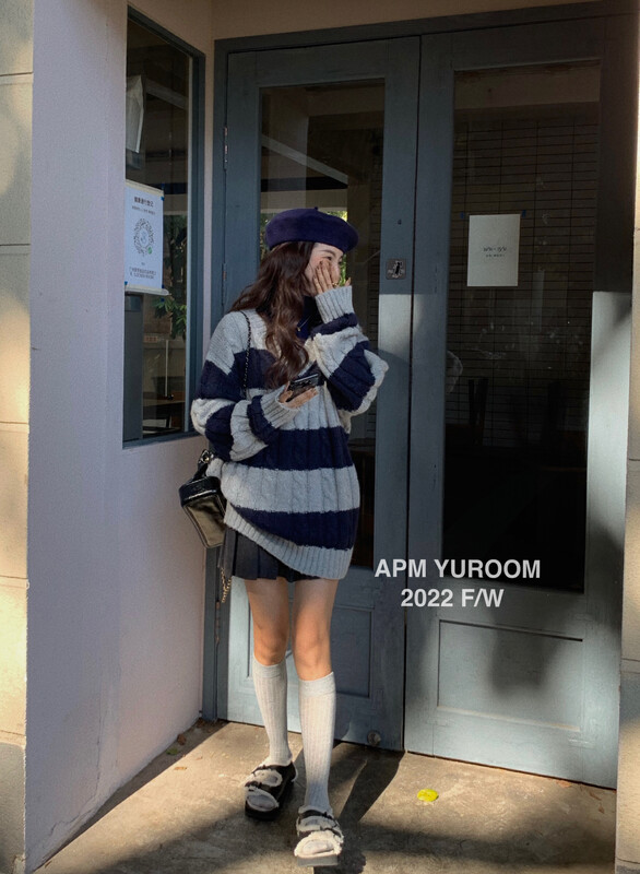 【APM YUROOM】Korean Versatile Striped Loose Warm Sweater 6121# LSL