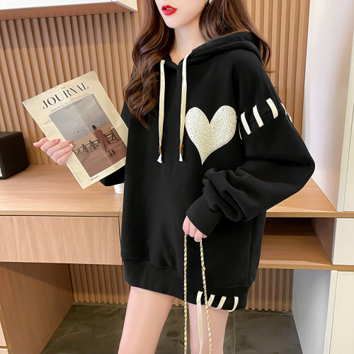Real shot collar composite anti-pilling plus velvet winter embroidery stitching color-blocked patch thickened hooded sweater women