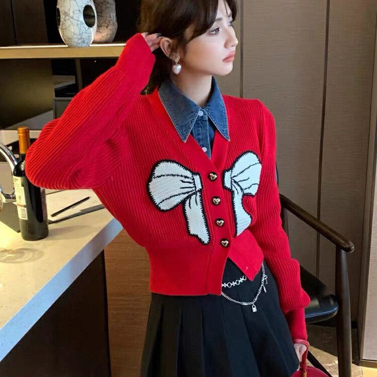 [Blue Show] Bow knot age-reducing fresh casual knitted cardigan 7260# LSW