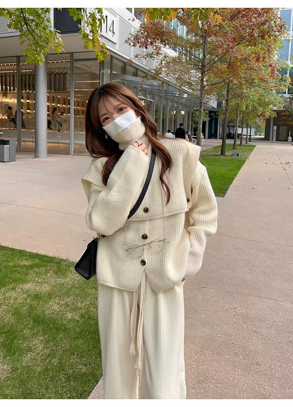 [MK] Round neck buttoned all-match cardigan warm sweater (with turtleneck shawl) s093# HJY