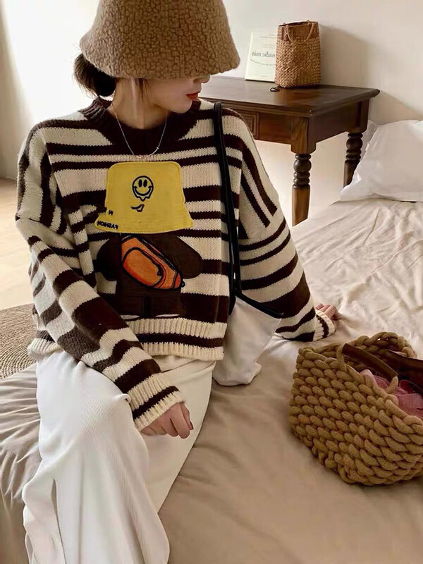 【F·P】Ghost Horse Girl Cartoon Contrast Color Warm Sweater YY05FP# HBX