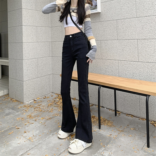 Real shot new high-waisted slim women's flared pants jeans autumn small black straight-leg trousers