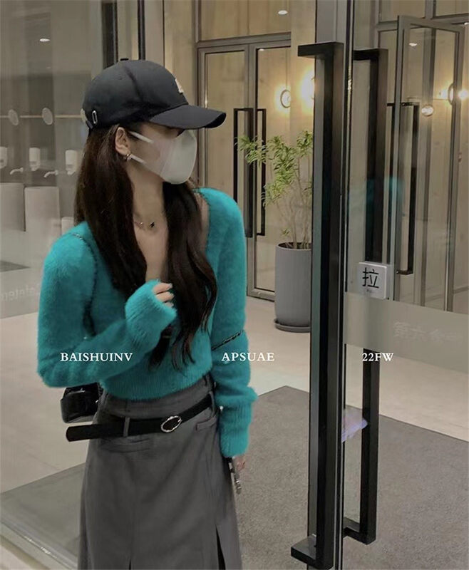 New in autumn! [MS STUDIO] Temperament square neck short solid color imitation mink sweater 9407# PCZ