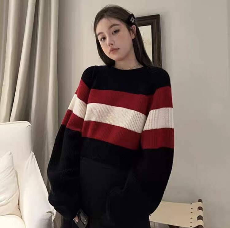 【F·P】Lazy Wind Round Neck Contrast Color Striped Long Sleeve Warm Sweater Y2281# HBX