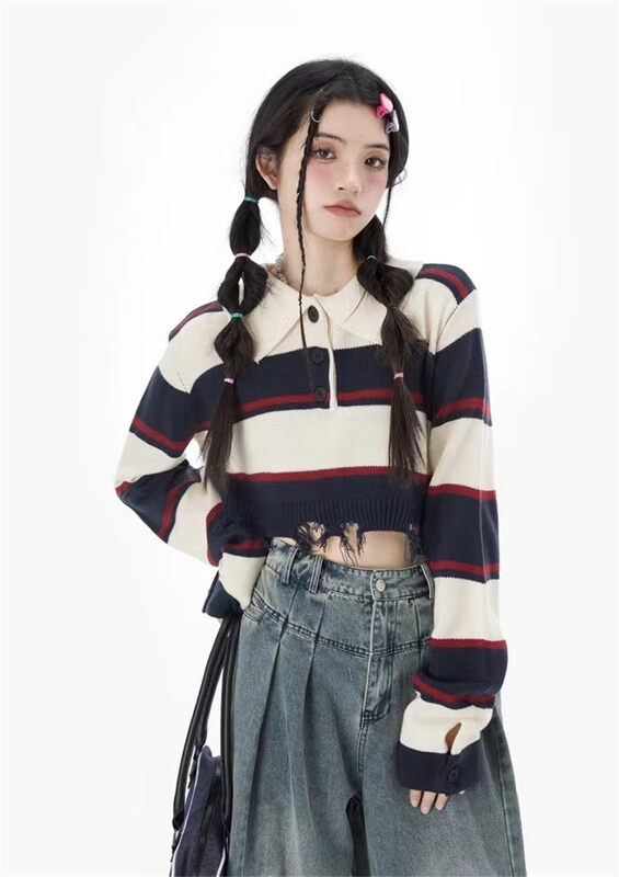 New autumn and winter! [MS STUDIO] casual POLO collar striped warm sweater 88257# PCZ