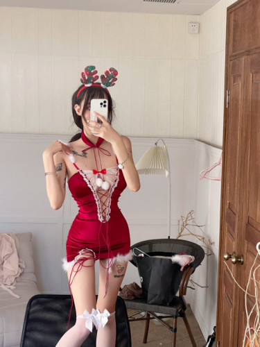 Real shot~ Sexy babes ultra-short winter cosplay red cute Christmas dress female