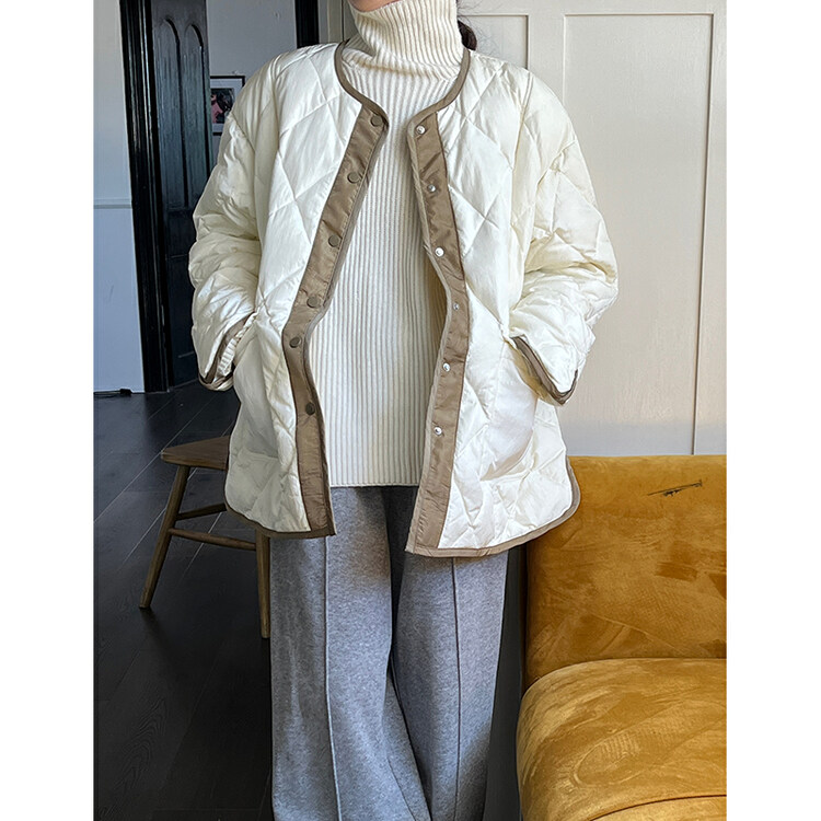 【THE MIND】Korean winter round neck color matching diamond lattice single-breasted warm all-match down jacket 61256# JHY