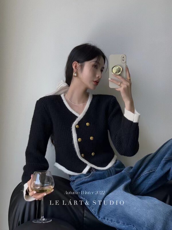 【MS STUDIO】Small Fragrance Contrast Color Double Breasted Knit Cardigan YS1-93245# PCZ