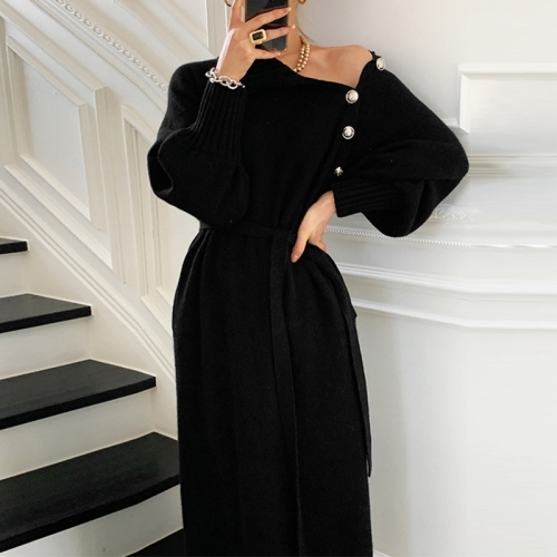 2022 spring new French temperament matching coat with sweater long knee-length bottoming knitted dress women