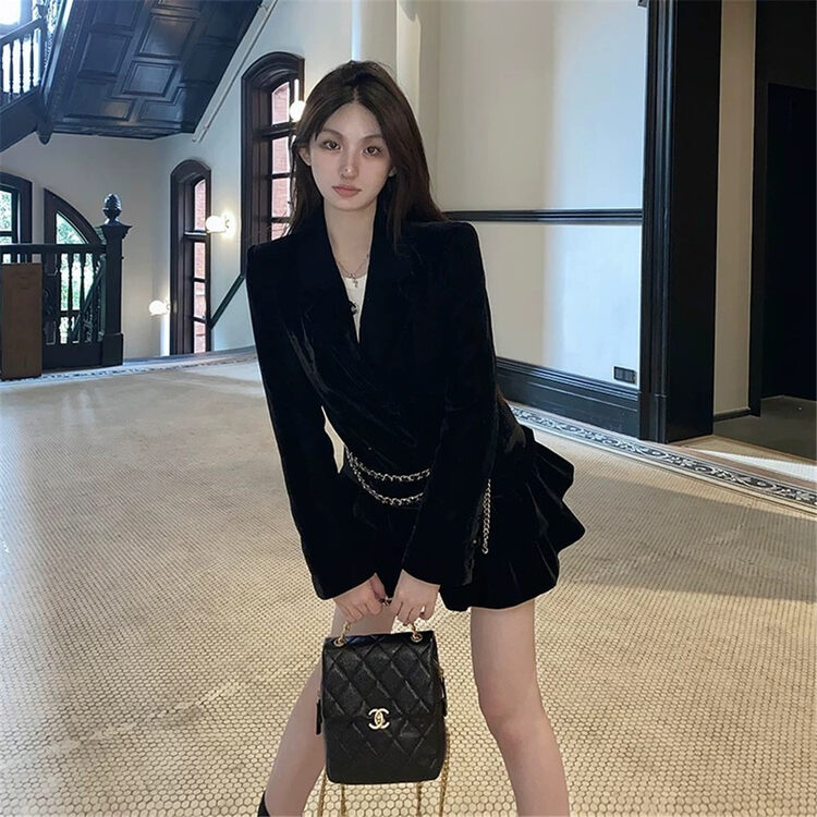【LINNA】Commuter temperament plus cotton jacket + thin layered skirt suit (with waist chain) (without brooch) 124830# JJ
