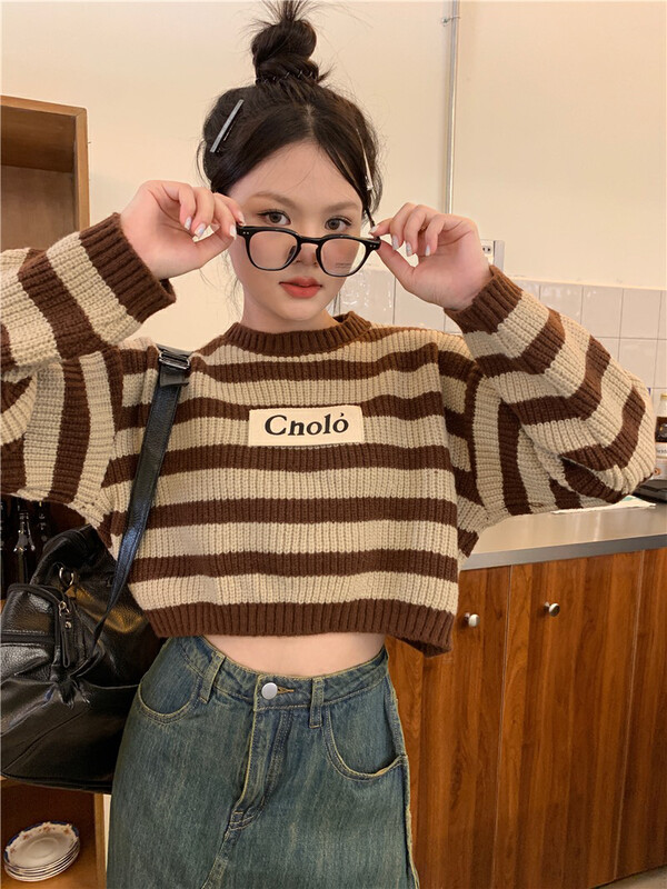 【F·P】Retro Short Striped Design Sense Carefully Loose Warm Sweater Y608FP# HBX