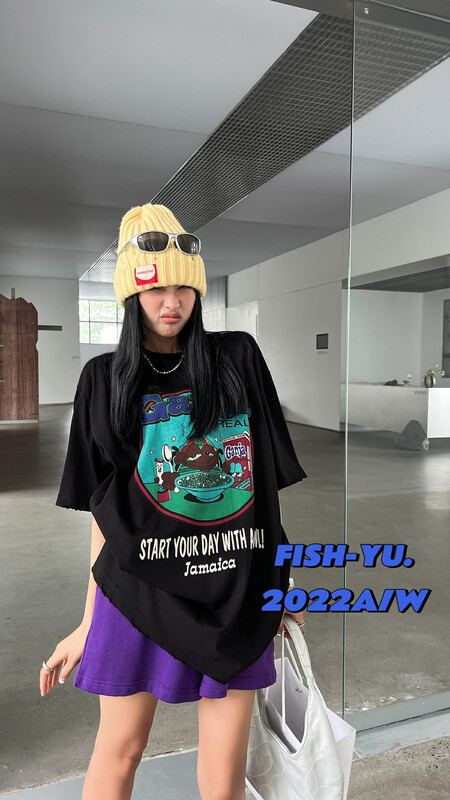 【FISH YU】American retro cartoon chocolate bean color drawing thickened brushed short-sleeved T-shirt 22593# CQW