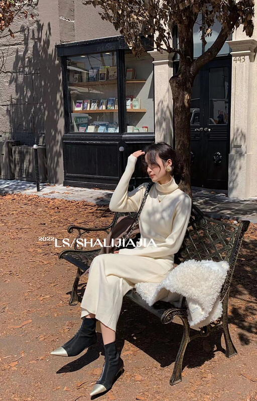 【LS】French turtleneck waist knitted bottoming dress M2026
