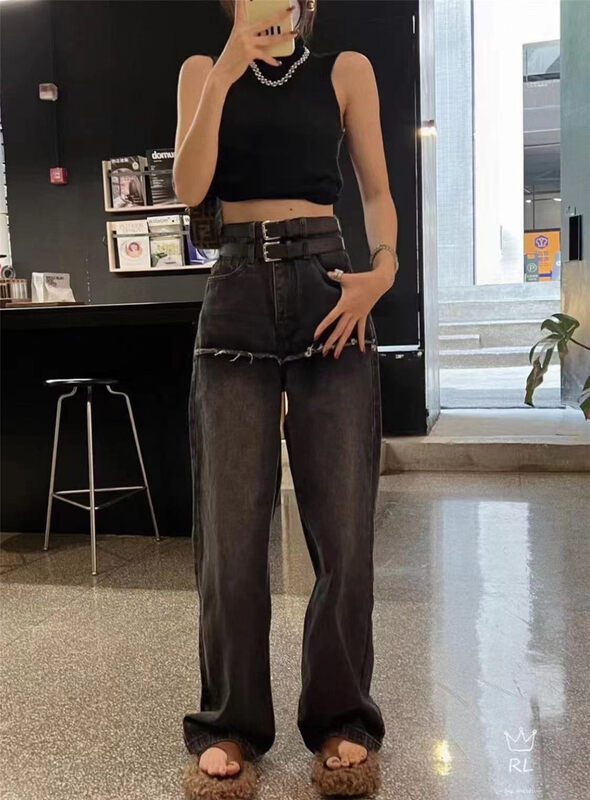 【JEANS】Fake two-piece frayed mopping jeans (with belt) R252# LSW