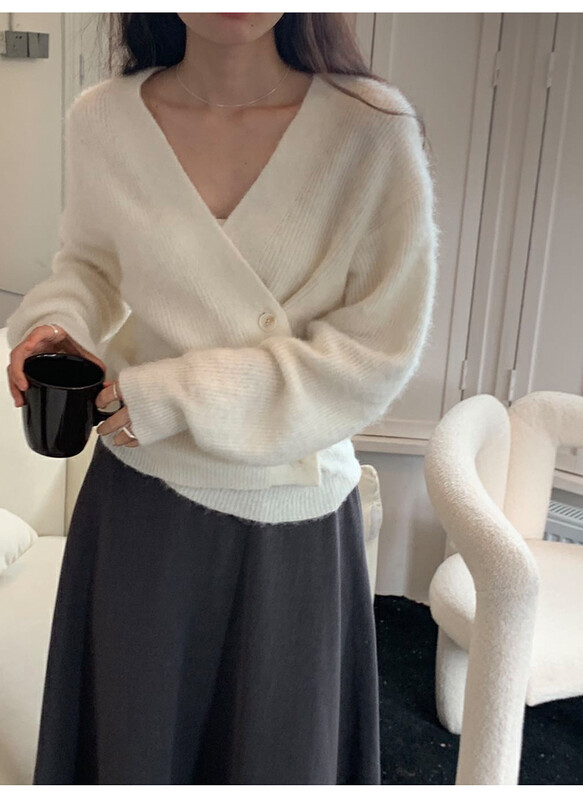 【THE MIND】Wool mohair v-neck single-breasted casual all-match warm sweater 71385# JHY